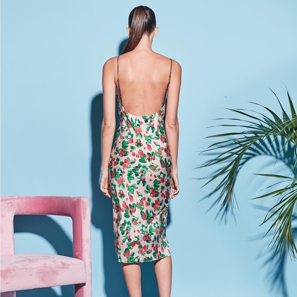 Fleur Du Mal Strawberry Print Slip Dress (Sz XS) Silk V-Neck Open Back Midi - Picture 2 of 16
